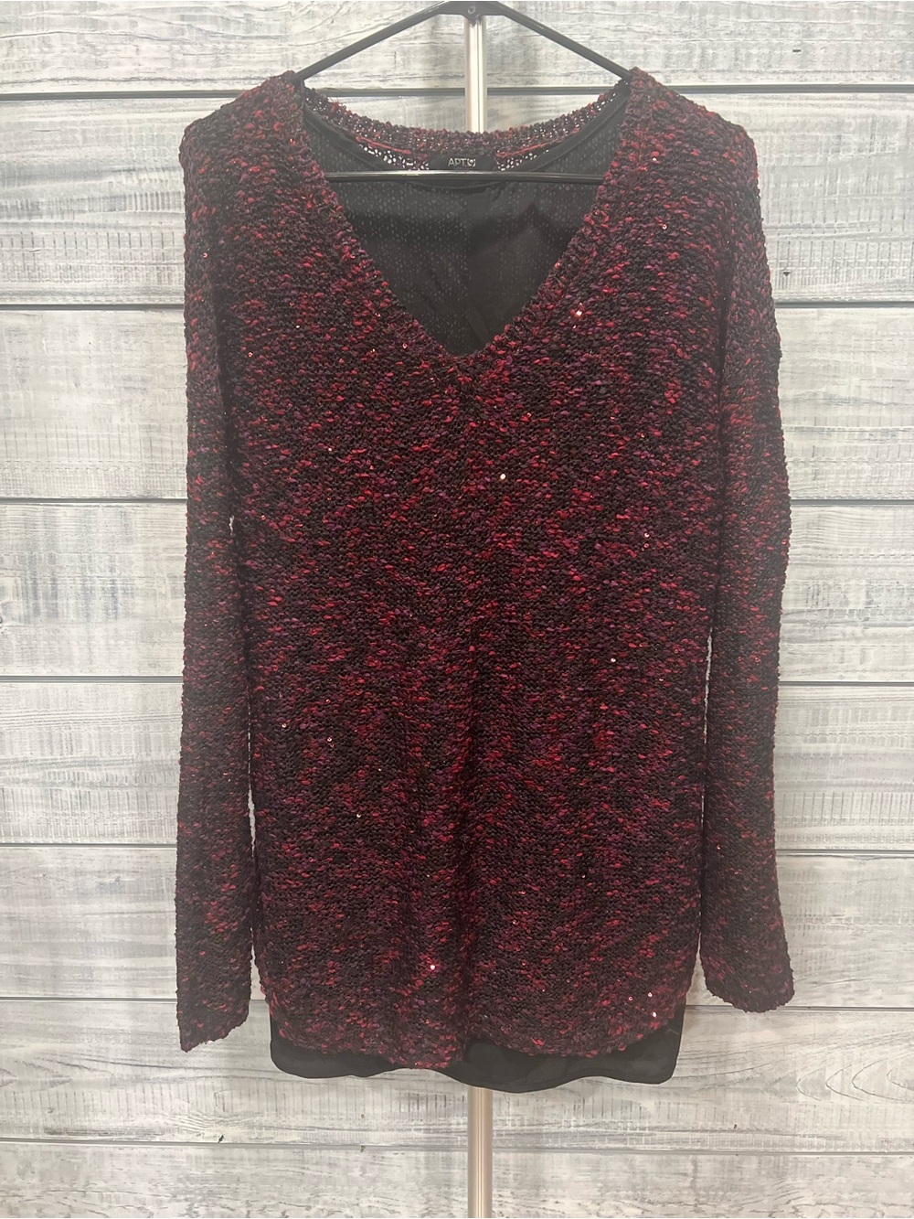 Apt. 9 Burgundy and Black Sparkle V-Neck Long Sleeve Top